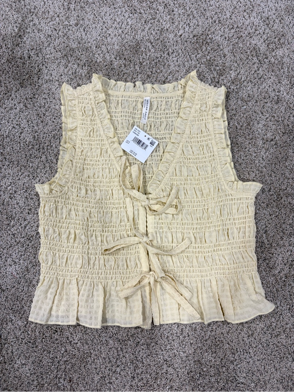 American Eagle Outfitters Pale Yellow Smocked Tie-Front Camisole